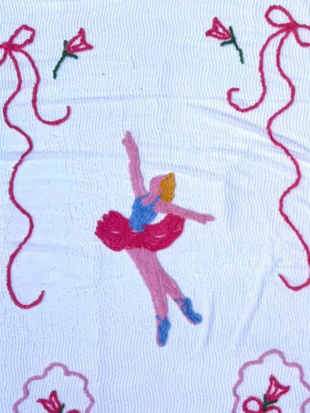 Vintage Chenille Twin Bedspread Pink Ballerina Roses Cottagecore Balletcore